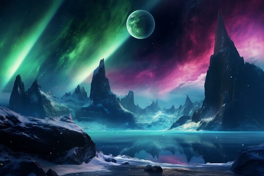 aurora on a rocky planet with multiple moons above. Generative AI