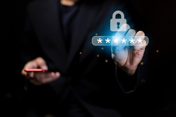 man hand type on mobile phone to access account on website by input username and password at office for security system of business technology concept