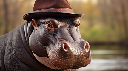 a hippo with a hat - obrazy, fototapety, plakaty