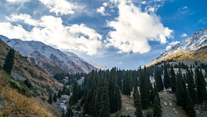 golden autumn at the foot of snowy mountains