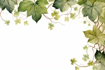 A watercolor border with transparent leaves of ivy and grape foliage on a white background. Generative AI