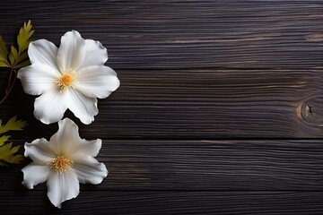 White flower on wooden surface with dark background and planks. Generative AI