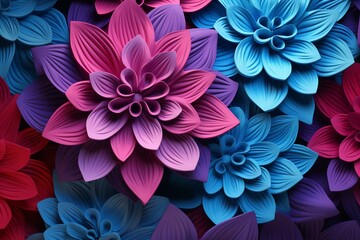 Colorful floral backdrop with blue and magenta flower-patterned wallpaper. 3D illustration. Generative AI - obrazy, fototapety, plakaty