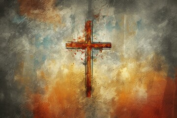 Illustration of a religious cross amidst a textured backdrop. Generative AI