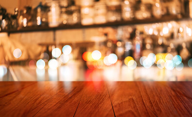 Empty mahogany red wood table for place product with blurred background of rustic cottage kitchen cozy cafe