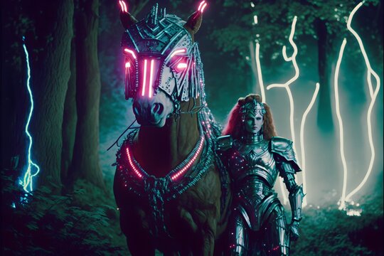 stillframe from Legend of Zelda as liveaction film teela with robot horse in forest lightning Darkfantasy 1987 neon lights 