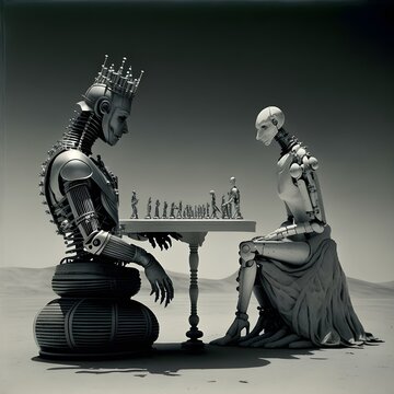 Surrealist chess game between a stressed human and a calm robot 