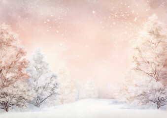 Christmas design for a graphic asset or resource. Snow, pink sky and evergreen trees. Greeting card with room for text.