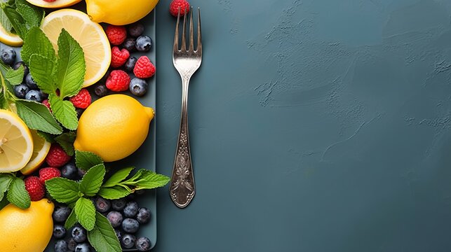 Photo of a colourful assortment of fruits and vegetables on a vibrant blue background created with Generative AI technology