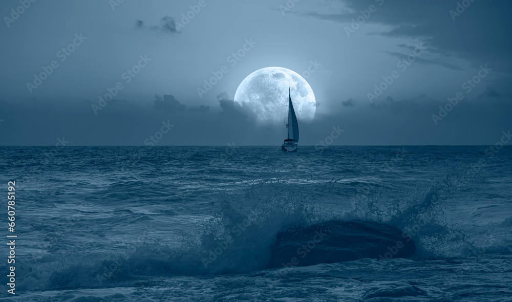 Poster Lone yacht with Super Full Moon 