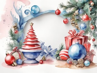 Fototapeta na wymiar Watercolor Christmas decorations with copy space.