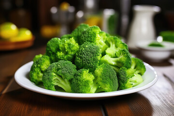 Cooked broccoli in the plate on the table