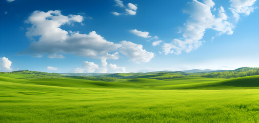 Fresh air and beautiful natural landscape of meadow with green tree in the sunny day background. Generative Ai