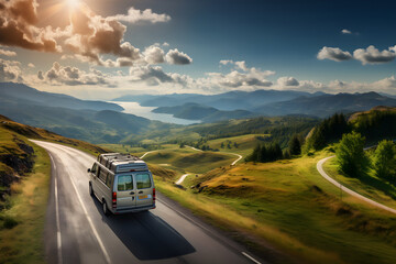 Campervan on the road with beautiful nature landscape. Motorhome camper van RV road trip. People on travel vacation adventure. Ai generative