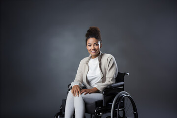 Smiling disable woman in wheelchair on grey background.  Studio shot of happy handicapped young female. Copy space. Generative Ai