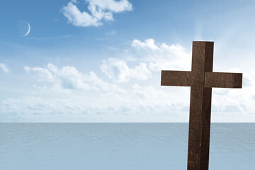 Digital png illustration of sea, sky with moon and wooden cross on transparent background