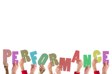 Digital png illustration of hands and performance text on transparent background