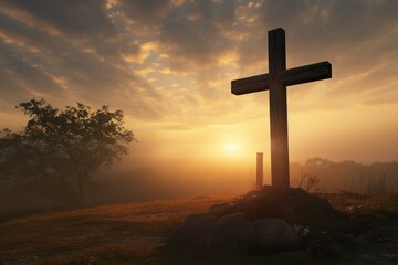 Sunrise over an outdoor Christian cross and tomb at dawn. Generative AI