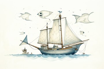 Sailboat with fish on white. Generative AI