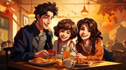 Colorful Family of 4 are having dinner cartoon, Cartoon Graphic Design, Background HD For Designer