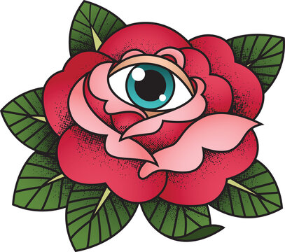 Digital png illustration of pink rose with eye and leaves on transparent background