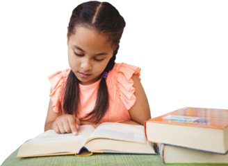 Digital png photo of biracial girl reading books on transparent background