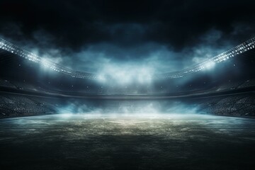 A night stadium for soccer football with spotlights and fog on the stage. Generative AI - obrazy, fototapety, plakaty