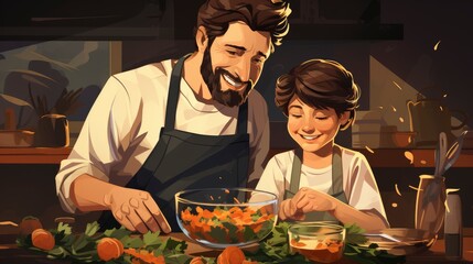 Colorful father and child Cook or bake something , Cartoon Graphic Design, Background HD For Designer