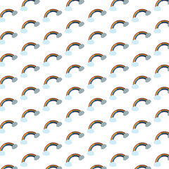 Digital png illustration of rainbows with clouds repeated on transparent background