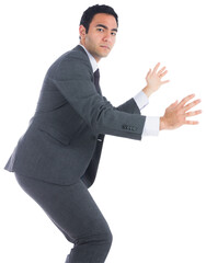 Digital png photo of serious biracial businessman holding something on transparent background