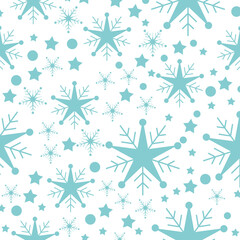 Digital png illustration of blue snowflakes, stars and circles repeated on transparent background