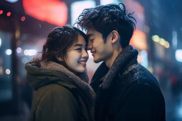 Fotobehang Street style photography portrait of a young Asian loving couple embracing while standing in the city at night with neon lighting background. Travel on Valentine's night with winter day and snowing. © NaphakStudio