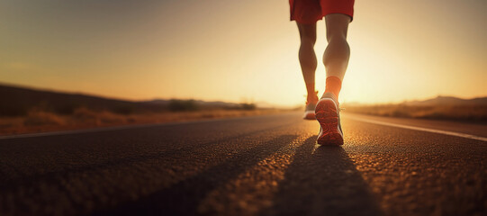 Back view of Young man doing exercise walking and run on country road in the morning with sunrise background. Close Up legs. Concept of health and lifestyle.