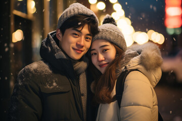 Street style photography portrait of a young Asian loving couple embracing while standing in the city at night with neon lighting background. Travel on Valentine's night with winter day and snowing. - obrazy, fototapety, plakaty