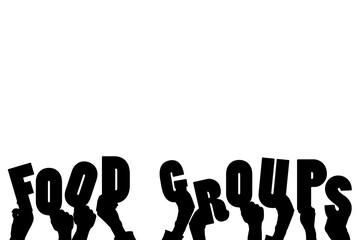 Digital png illustration of hands and food groups text on transparent background