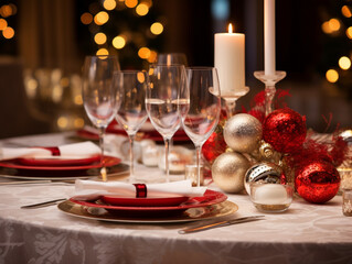 Elegant Christmas dinner table, celebration candle, glasses, plates, Christmas tree	