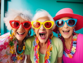 Happy and funny cool old three ladies wearing fashionable bright clothes. Happy and modern Senior women.  - obrazy, fototapety, plakaty