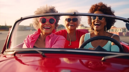 Happy and funny cool old tree ladies with fashionable bright clothes drive by cabriolet.