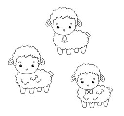 Cute outline lamb with bow and bell. Hand drawn doodle sketch sheep isolated on white background. Funny Farm animal for coloring book