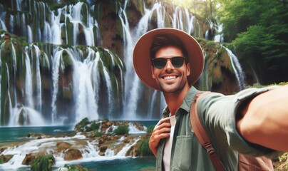 Handsome tourist visiting national park taking selfie picture in front of waterfall - Traveling life style concept with happy man wearing hat and sunglasses enjoying freedom in the nature - Powered by Adobe