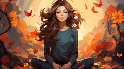 Colorful Woman Meditation and mindfulness cartoon , Cartoon Graphic Design, Background HD For Designer