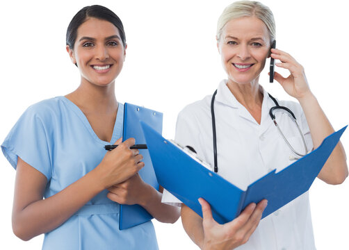 Digital png photo of female nurse and doctor with smartphone on transparent background