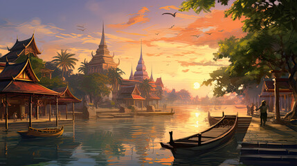 painting style illustration Souteast Asian, Thai style ancient vintage town beside river at sunset time - obrazy, fototapety, plakaty