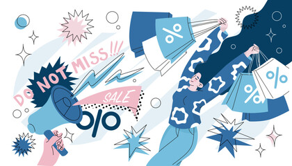 Happy woman with shopping bags in her hands, loudspeaker announces final sale and major discounts on goods. Coupon or advertising design for a store. Vector illustration in cartoon style isolated.