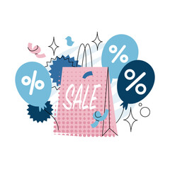 Package is surrounded by balloons and percent signs. Announcement of final sale, big discounts on goods. Coupon design for a store. Vector illustration in cartoon style isolated on white background.