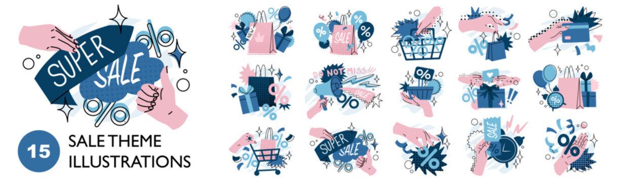 A large set of 15 images on the theme of big discounts on goods. Final sale announcement. Coupon or advertising design for a store. Vector illustration in cartoon style isolated on white background.