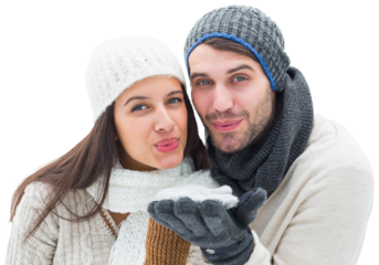 Digital png photo of caucasian couple wearing winter hats and scarfs on transparent background