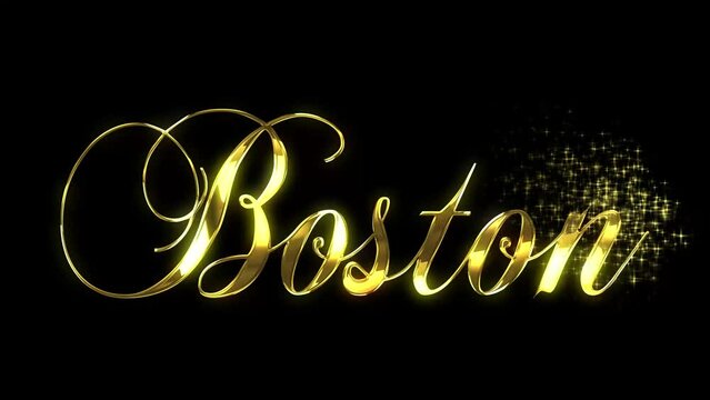 Golden text animated in a reveal with a starburst pattern for BOSTON