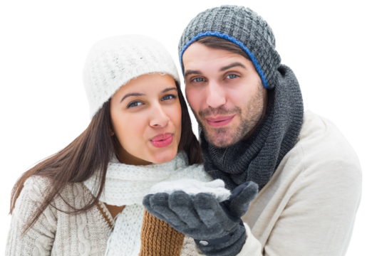 Digital png photo of caucasian couple wearing winter hats and scarfs on transparent background - Powered by Adobe