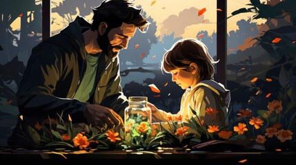 Colorful father and child Volunteer together, Cartoon Graphic Design, Background HD For Designer - obrazy, fototapety, plakaty
